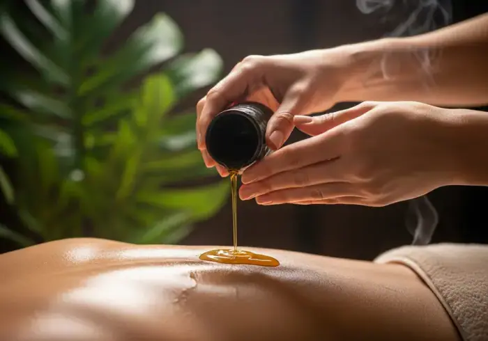 A professional massage therapist performing a relaxing treatment in a serene home setting